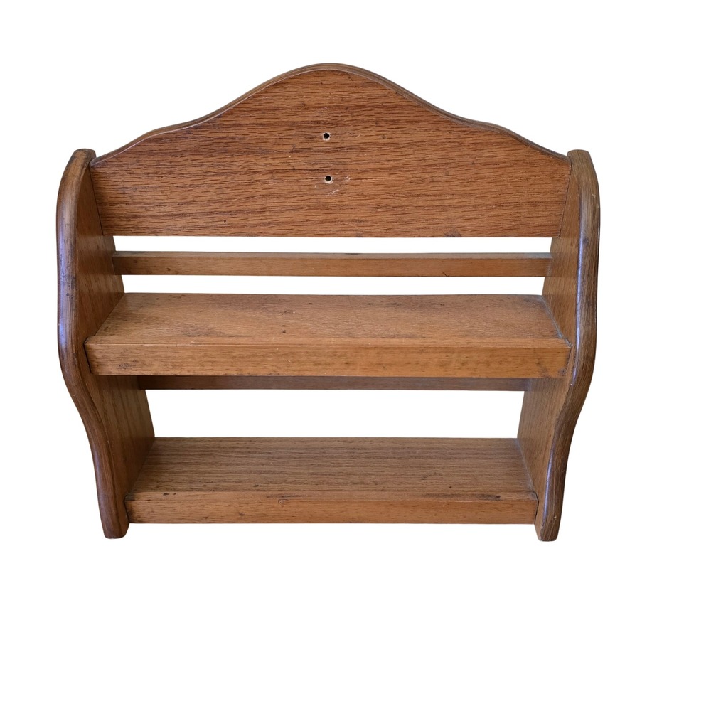 Vintage Wood Spice Rack Wall Mount 2 Tier Display Shelf Rustic Farmhouse Oak